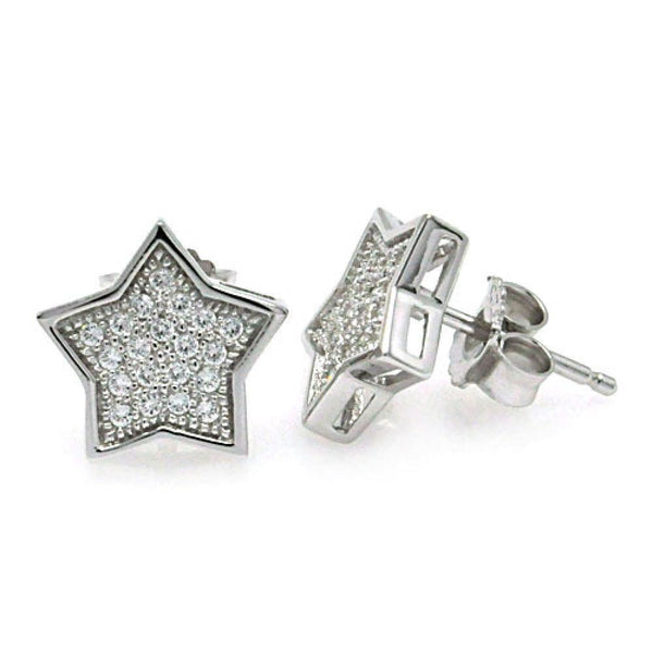 Silver 925 Rhodium Plated Micro Pave Clear Star CZ Stud Earrings