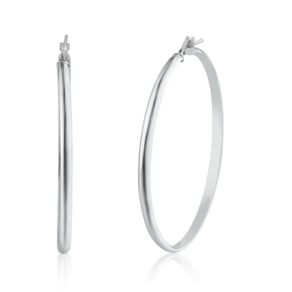Rhodium Plated 925 Sterling Silver Silver Dome 3.5mm Hoop Earring