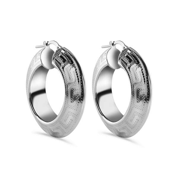 Rhodium Plated 925 Sterling Silver Greek Key 8.3mm x 7mm Latch Earring