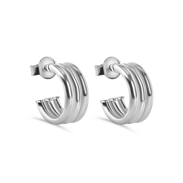 Rhodium Plated 925 Sterling Silver Triple Semi Hoop Stud Earring