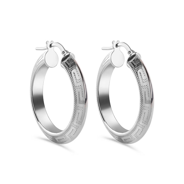 Rhodium Plated 925 Sterling Silver Greek Key 4.3mm x 3.7mm Latch Earring