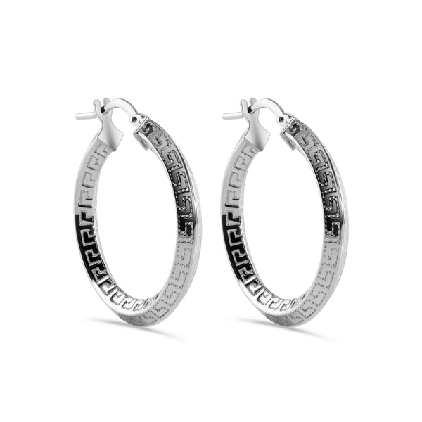 Rhodium Plated 925 Sterling Silver Greek Key 3.7mm x 3.3mm Latch Earring