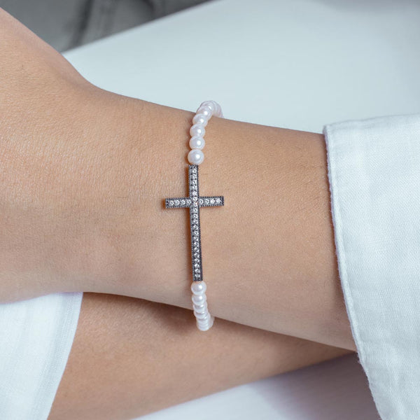 Silver 925 Gold and Silver Rhodium Plated Sideways Cross CZ Pearl Bead Bracelet