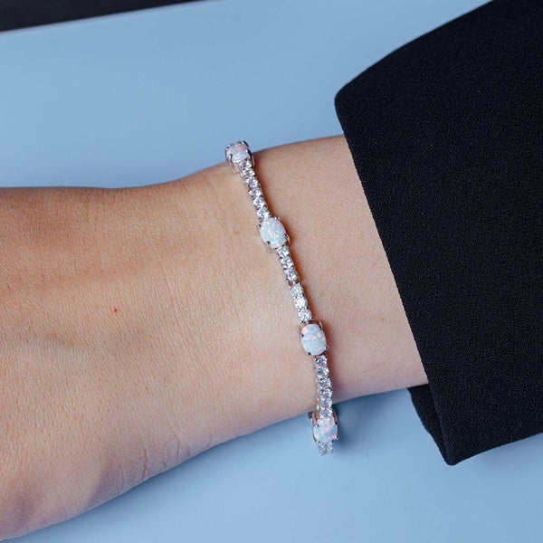 Silver 925 Rhodium Plated Oval Opal and Round CZ Tennis Bracelet