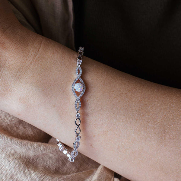 Rhodium Plated 925 Sterling Silver CZ Eye Bracelet with Synthetic Opal