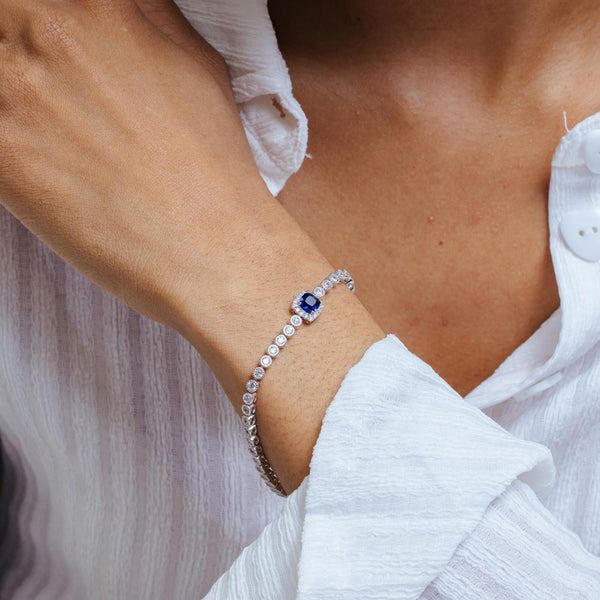 925 Sterling Silver Green CZ Blue Halo Center Bubble 3.5mm Tennis Bracelet