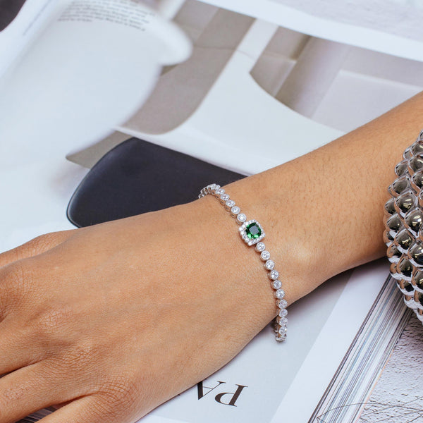 925 Sterling Silver Green CZ Green Halo Center Bubble Tennis Bracelet