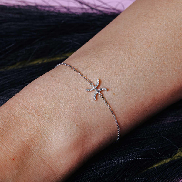 Rhodium Plated 925 Sterling Silver Pisces CZ Adjustable Link Bracelet