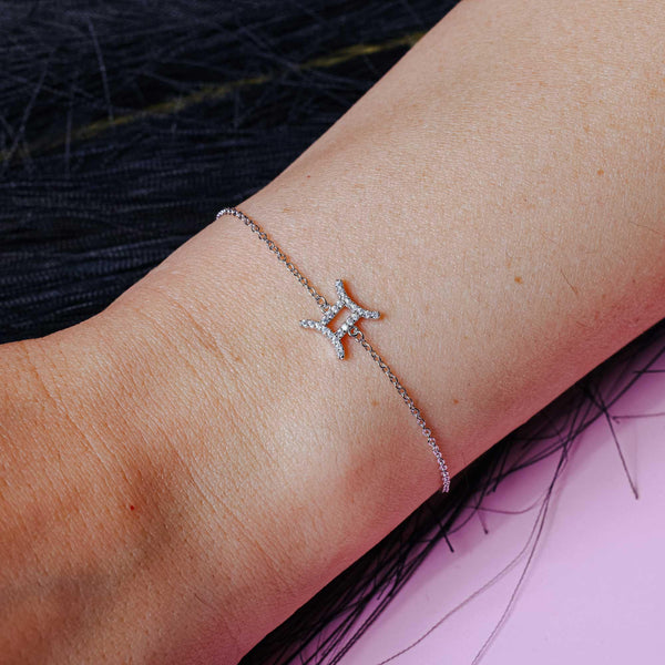 Rhodium Plated 925 Sterling Silver Gemini CZ Adjustable Link Bracelet