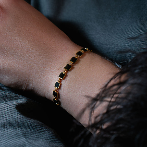 Gold Plated 925 Sterling Silver Square Link Onyx Stone Bracelet