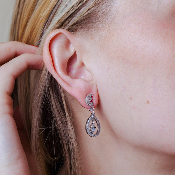 Silver 925 Rhodium Plated Teardrop Filigree CZ Dangling Stud Earrings