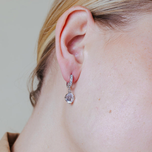 Silver 925 Rhodium Plated Round Channel CZ Dangling huggie hoop Earrings