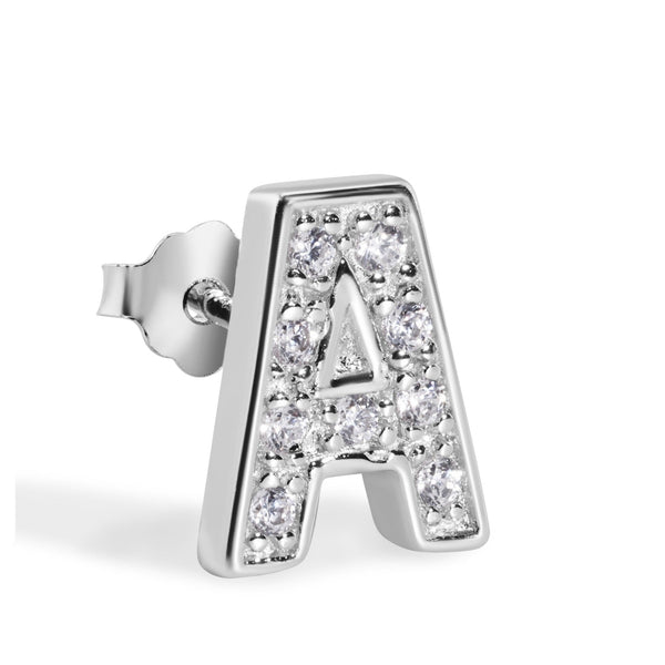 Rhodium Plated 925 Sterling Silver Letter Alphabet Clear CZ 8.8mm Stud Single Earring
