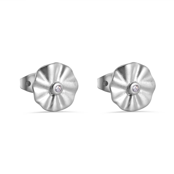 Matte Silver Finish 925 Sterling Silver Wave Disc Center Clear CZ 10mm Stud Earrings