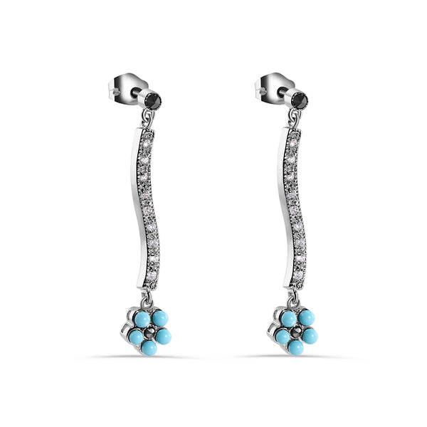 Rhodium Plated 925 Sterling Silver Turquoise Flower Dangling Clear CZ Stud Earrings
