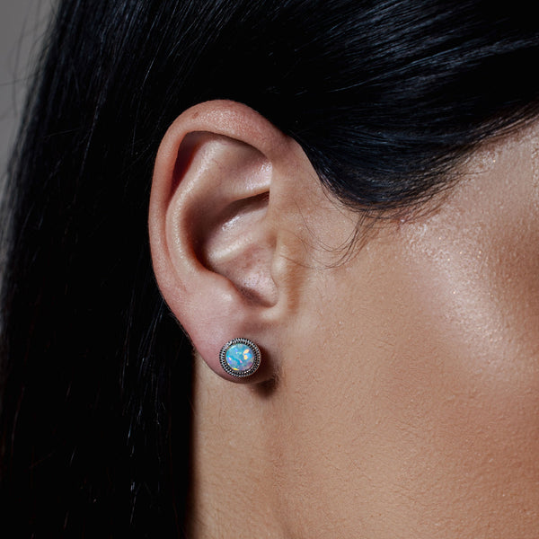 Rhodium Plated 925 Sterling Silver Round Synthetic Opal Stud Earrings