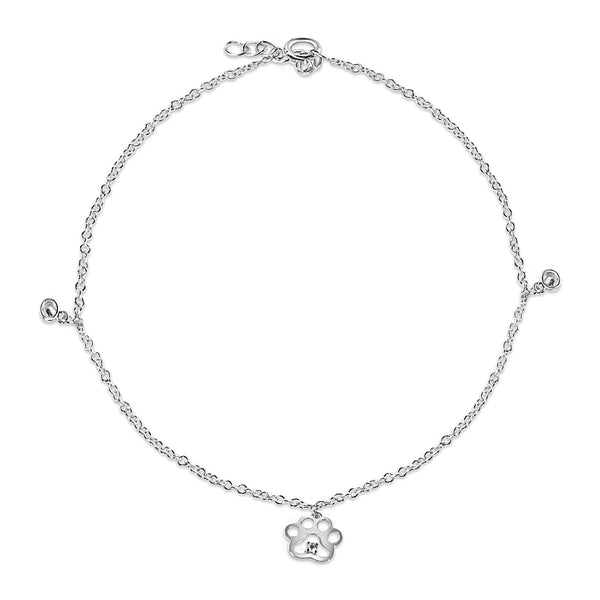 Rhodium Plated 925 Sterling Silver CZ Open Dog Paw Anklet