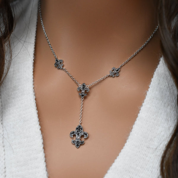 Silver 925 Rhodium and Black Rhodium Plated Black CZ Fleur De Lis Pendant Necklace
