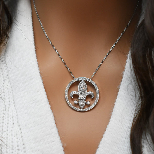 Silver 925 Clear CZ Rhodium Plated Flor Di Lis Pendant Necklace