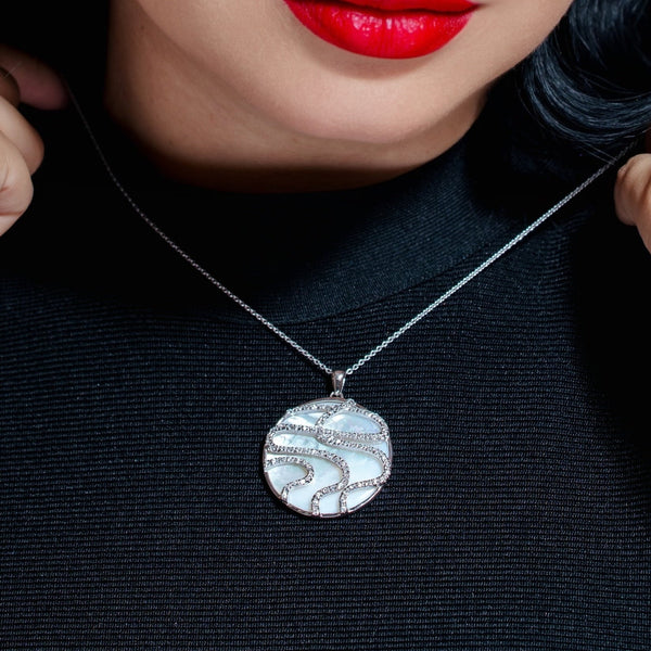 Silver 925 Clear CZ Mother Pearl Rhodium Plated Round Pendant Necklace