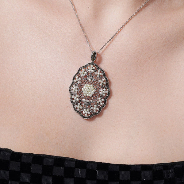 Silver 925 Marcasite Pearl Rhodium Plated Oval Pendant Necklace