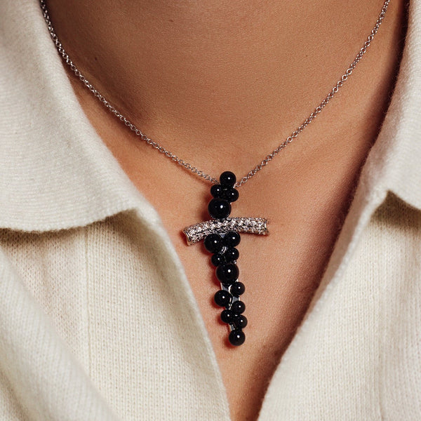 Silver 925 Rhodium Plated Cross CZ Graduate Ball Black Onyx Necklace