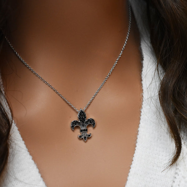 Silver 925 Black and Rhodium Plated Fleur De Lis CZ Necklace
