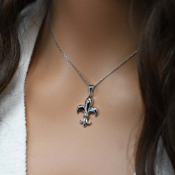 Silver 925 Rhodium Plated Fleur De Lis CZ Necklace