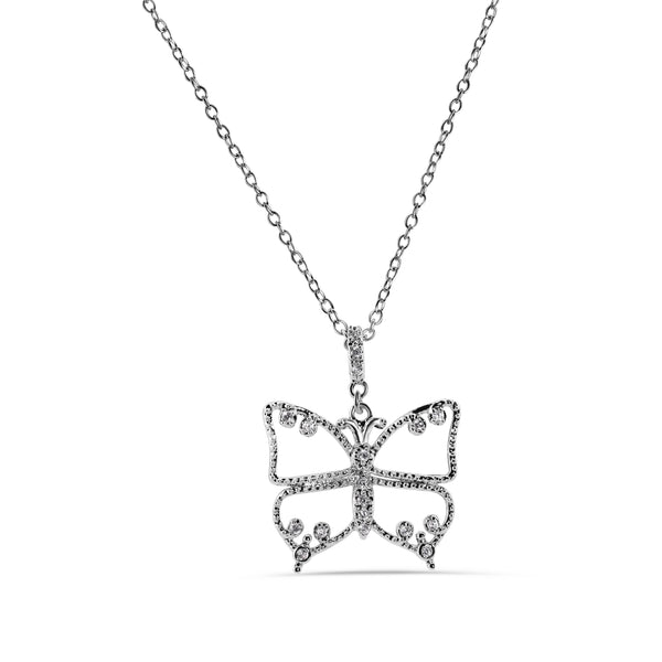 Silver 925 Rhodium Plated Butterfly Outline Clear CZ Necklace
