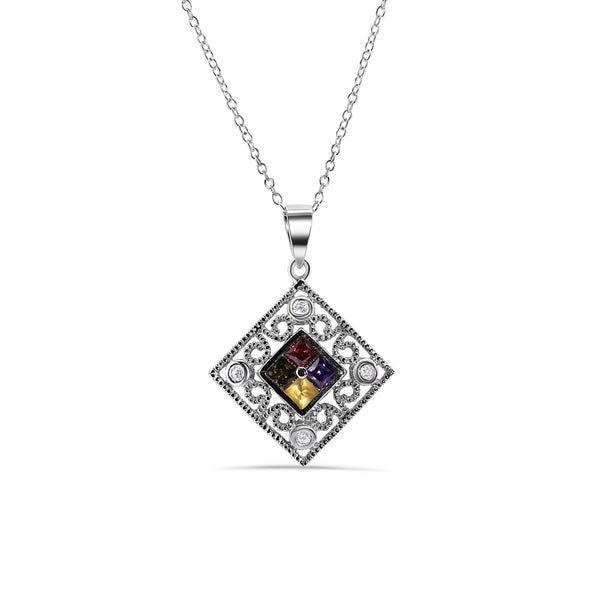 Silver 925 Rhodium Plated Diamond Shape Faceted Multicolor CZ Necklace