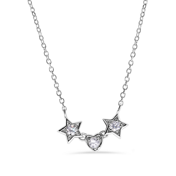 Silver 925 Rhodium Plated 2 Stars and Heart CZ Necklace