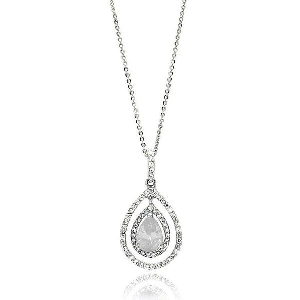 Silver 925 Rhodium Plated Open Teardrop Center CZ Necklace