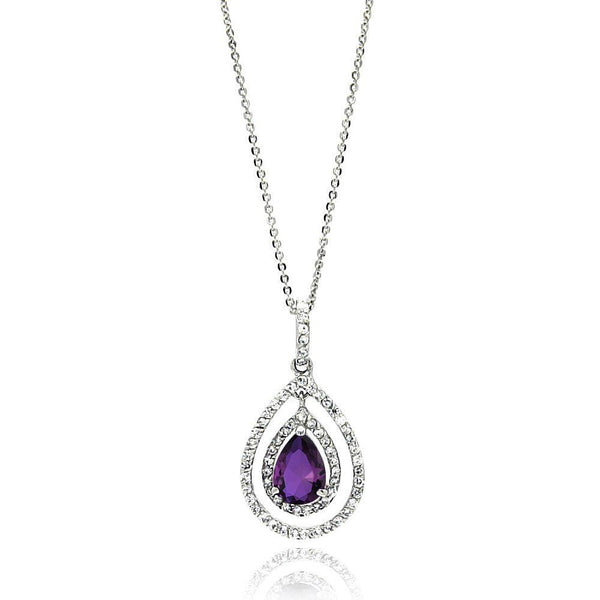 Rhodium Plated 925 Sterling Silver Open Purple Teardrop Center CZ Necklace