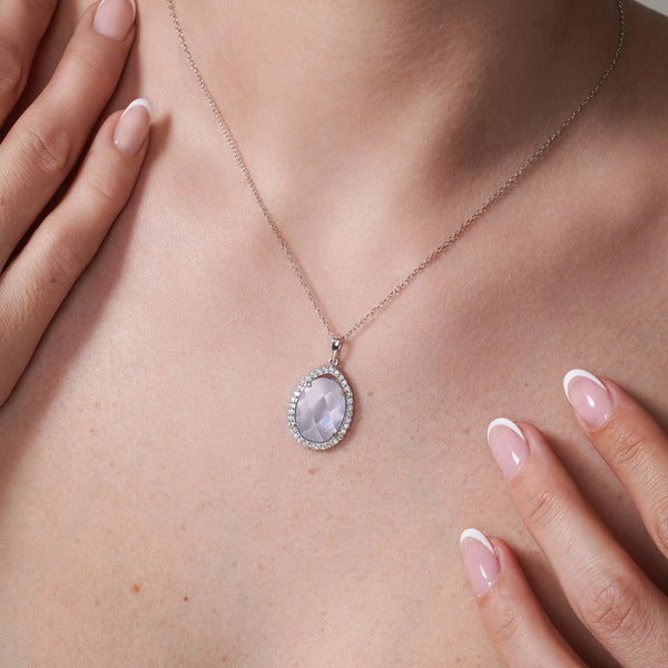 Rhodium Plated 925 Sterling Silver Oval CZ April Birthstone Necklace