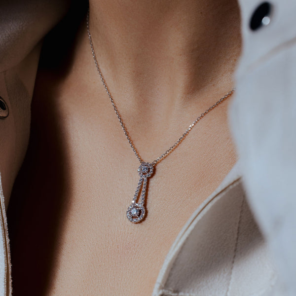 Rhodium Plated 925 Sterling Silver Double Halo Drop CZ Necklace