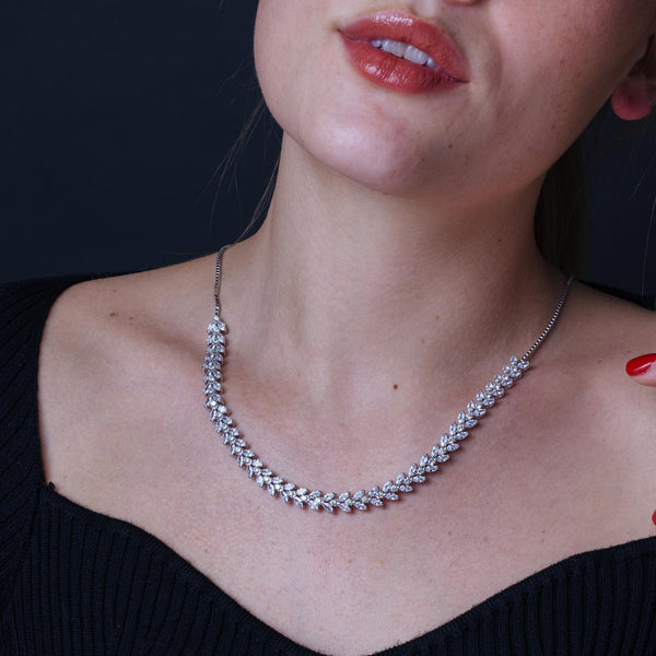 Rhodium Plated 925 Sterling Silver Adjustable Leaf Link CZ Necklace