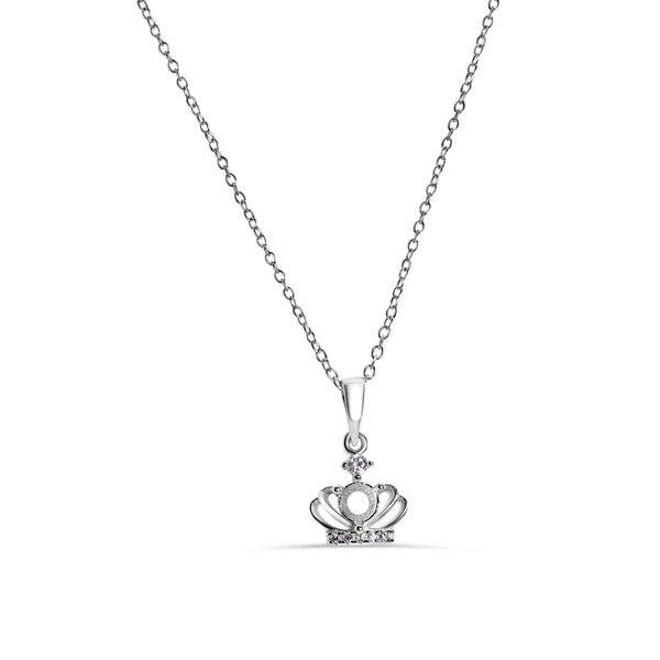 Silver 925 Rhodium Plated Crown Mounting Clear CZ Necklace