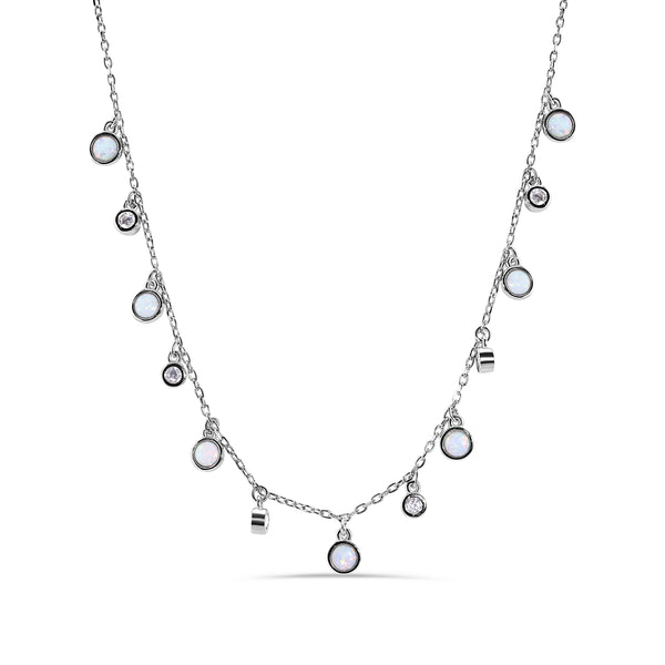 Silver 925 Rhodium Plated Synthetic Opal Clear CZ Necklace