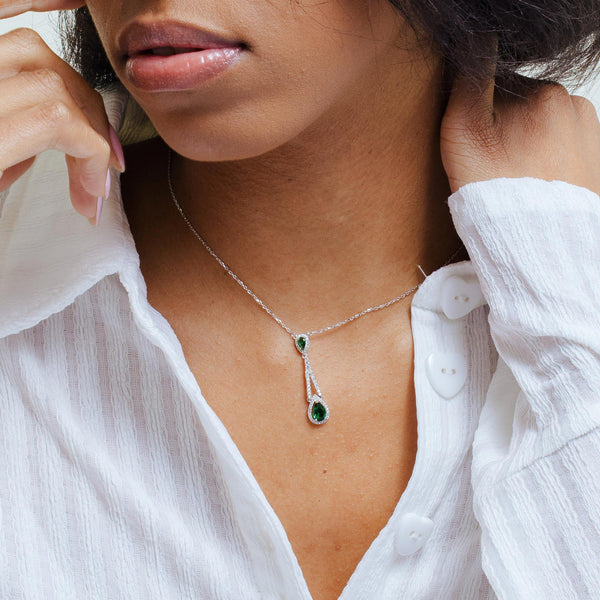 Rhodium Plated 925 Sterling Silver Teardrop Green CZ Necklace
