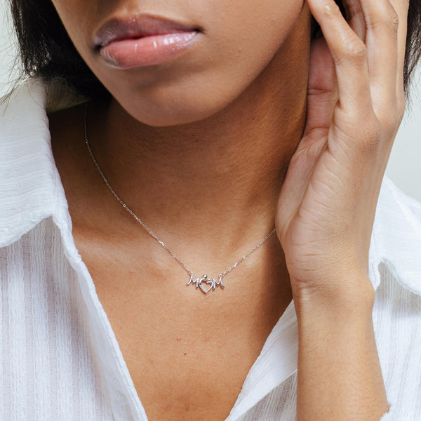 Rhodium Plated 925 Sterling Silver Mom Heart Clear CZ Pendant Necklace