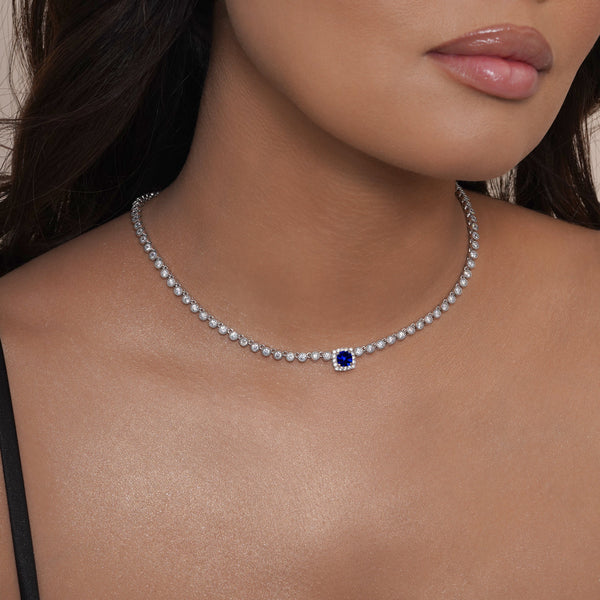 Rhodium Plated 925 Sterling Silver Bubble Tennis CZ Blue Center Stone Necklace