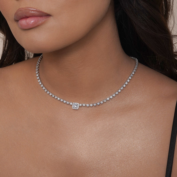 Rhodium Plated 925 Sterling Silver Bubble Tennis CZ Clear Center Stone Necklace
