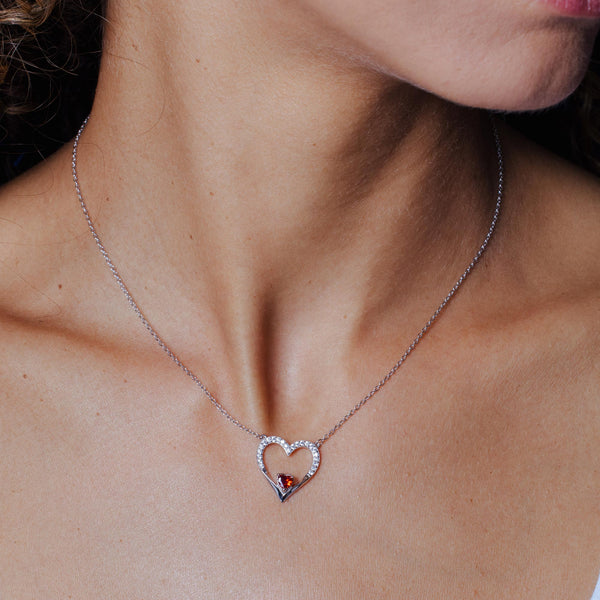 Rhodium Plated 925 Sterling Silver Clear Red CZ Open Heart Necklace