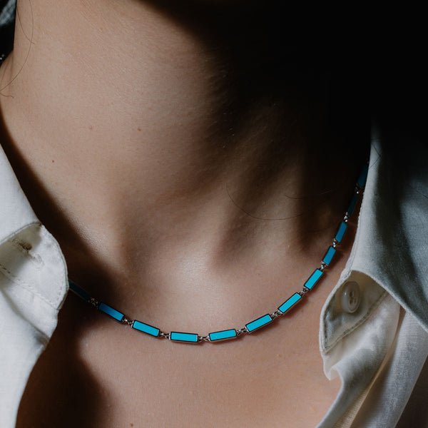 Rhodium Plated 925 Sterling Silver Light Blue Turquoise Stone Bar Link Necklace