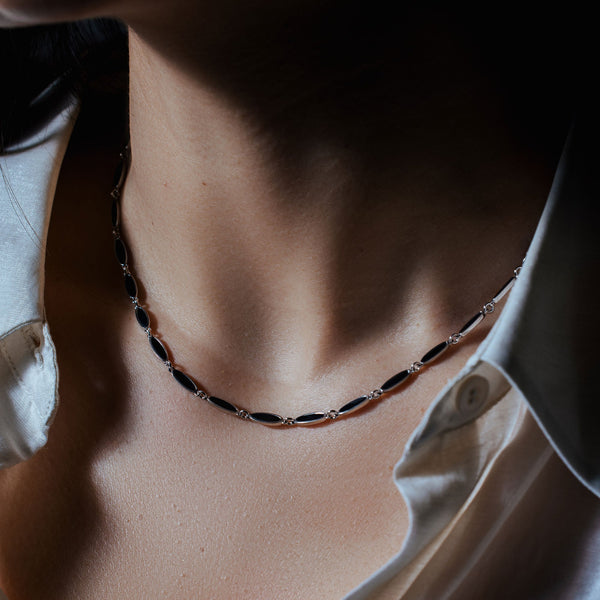 Rhodium Plated 925 Sterling Silver Onyx Cat's Eye Link Necklace