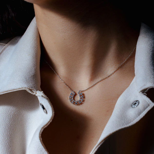 Rhodium Plated 925 Sterling Silver Horseshoe Clear CZ Studded Necklace