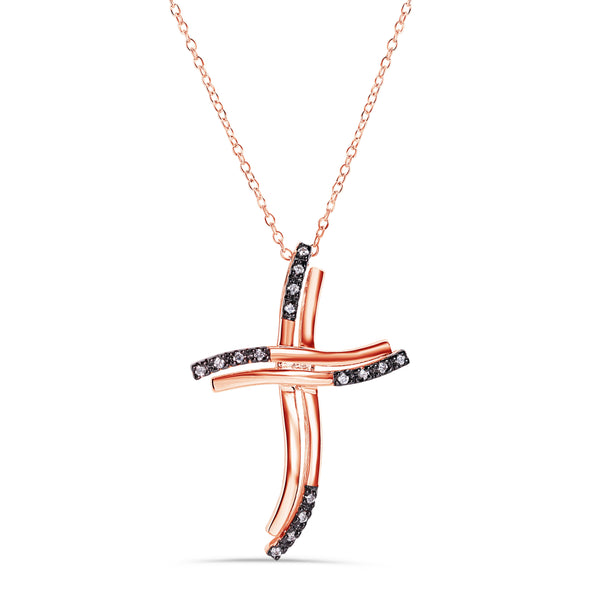 Silver 925 Rose Gold Plated Cross Black Basket Clear CZ Necklace