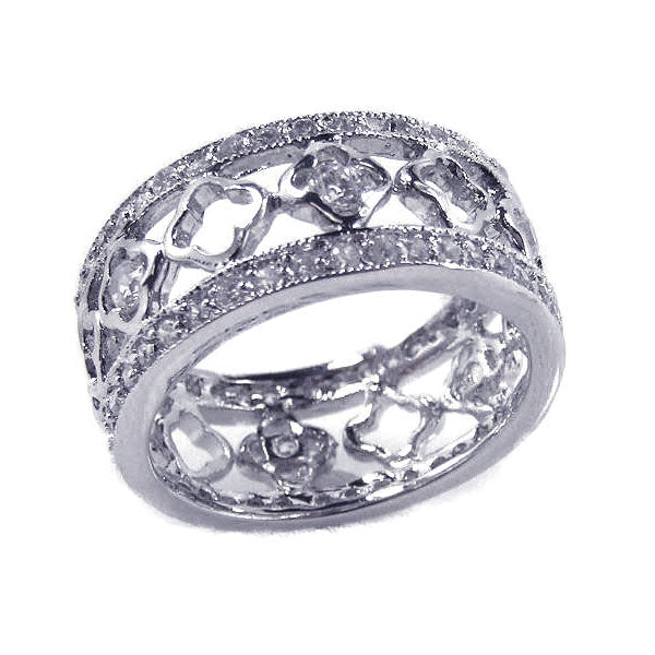 Silver 925 Rhodium Plated Flower 10mm Band Alternating CZ Ring