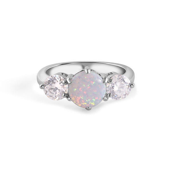 Rhodium Plated 925 Sterling Silver Three Stone Trellis Syntethic Opal and Clear CZ Ring