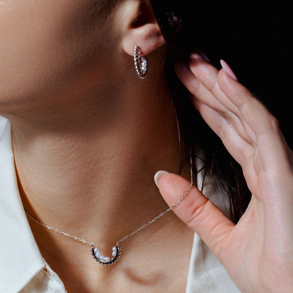 Rhodium Plated 925 Sterling Silver Multi Beaded Pearl Semi Hoop Matching Set